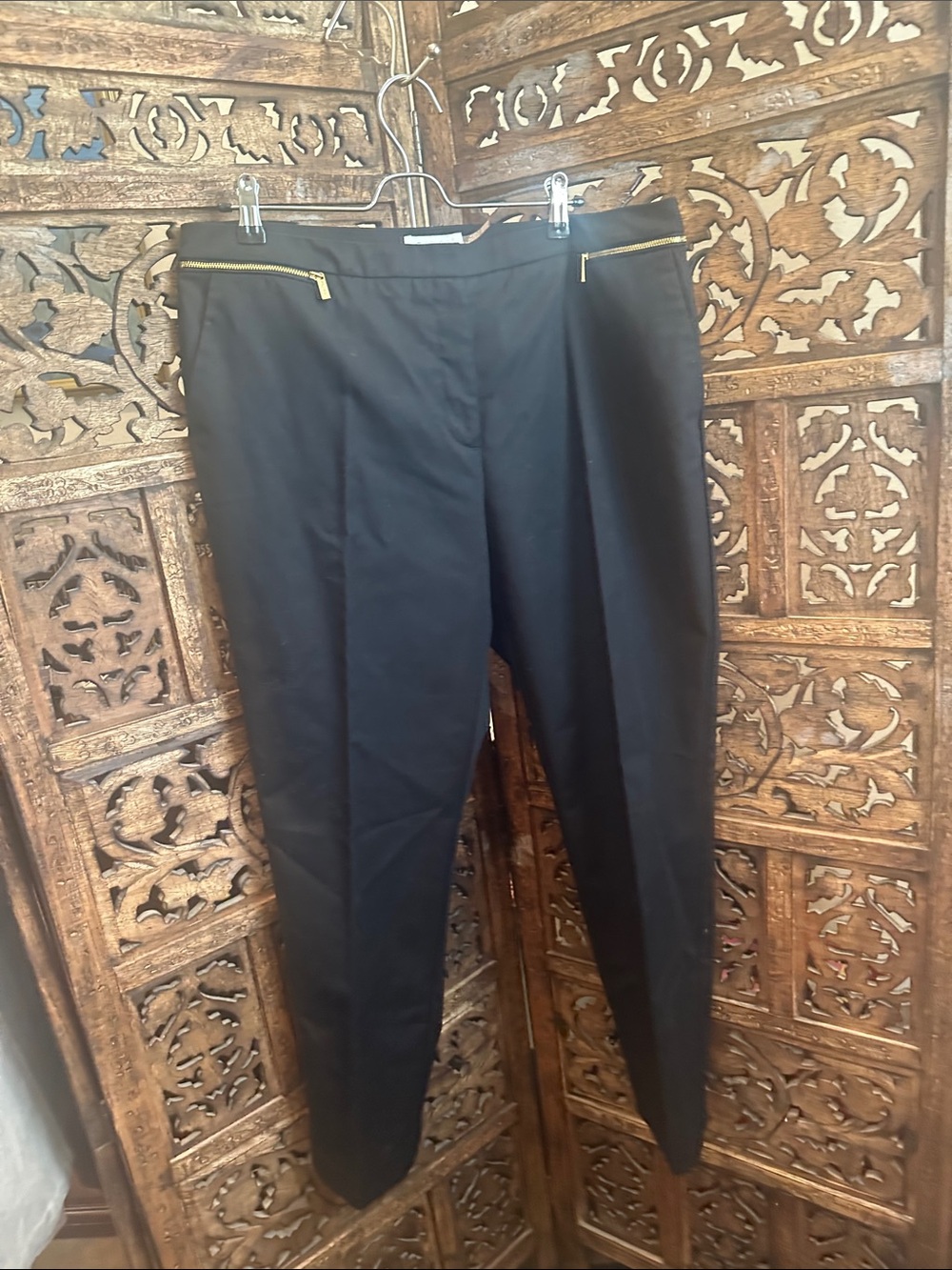 Calvin Klein Black Straight-Leg Pants with Gold Zipper Detail
